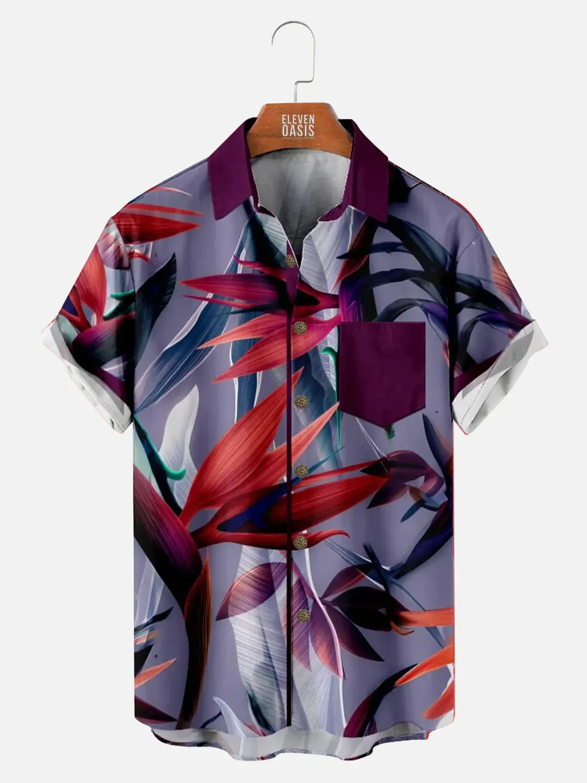 Men's Birds of a Paradise Flower Print Purple Short Sleeve Shirt sold by Eleven Oasis