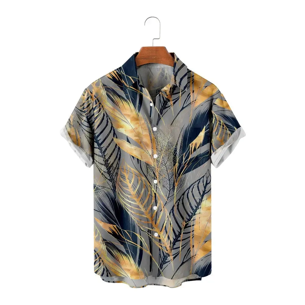 Men's Golden Leaf Print Short Sleeve Shirt sold by Eleven Oasis