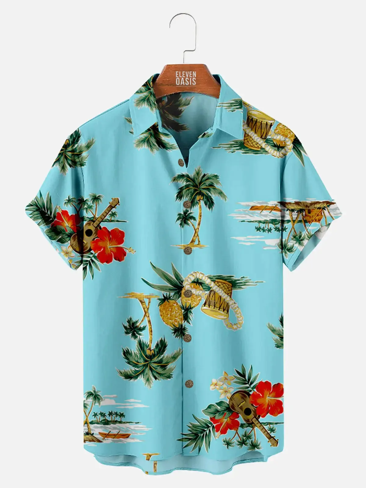 Men's Pineapple Ukulele Coconut Tree Pattern Short Sleeve Shirt sold by Eleven Oasis