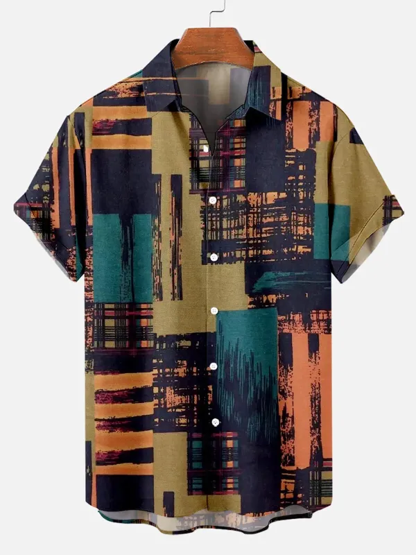Men's Abstract Geometric Patchwork Short Sleeve Shirt sold by Eleven Oasis