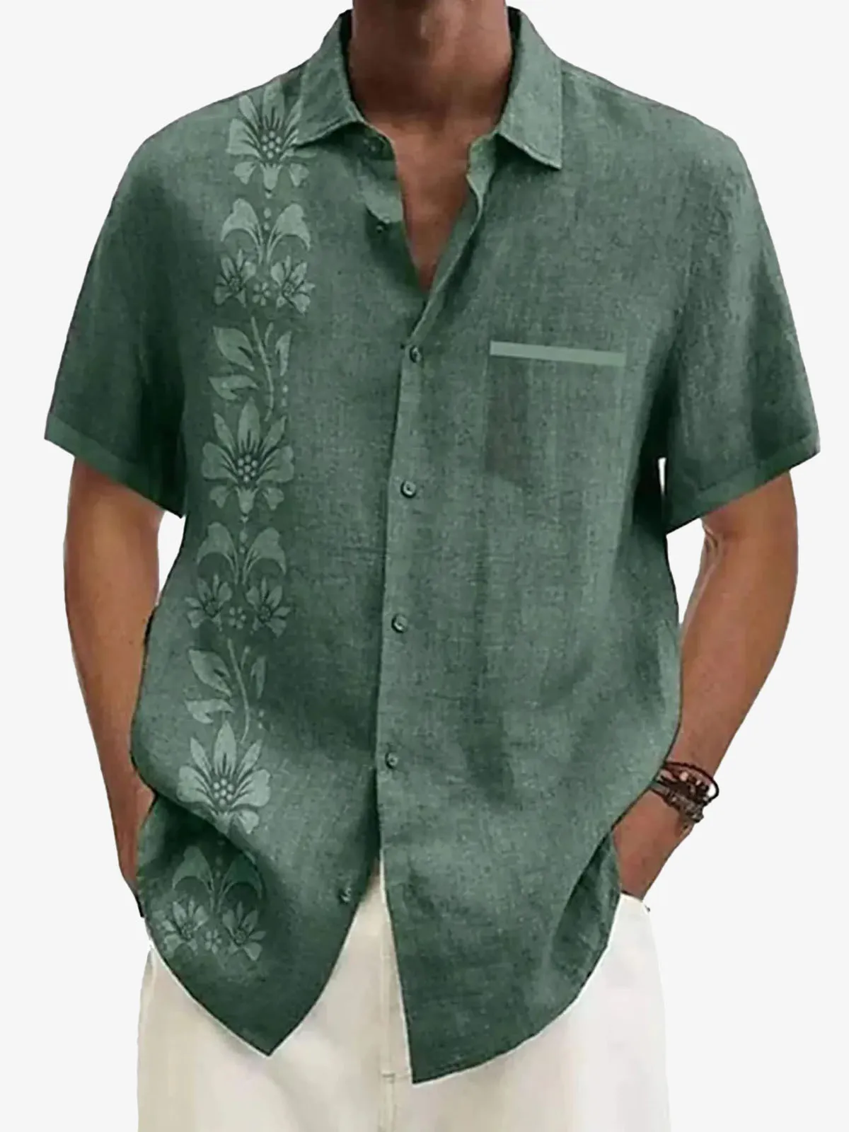 Men's Unilateral Striped Flower Vacation Casual Short Sleeve Shirt sold by Eleven Oasis