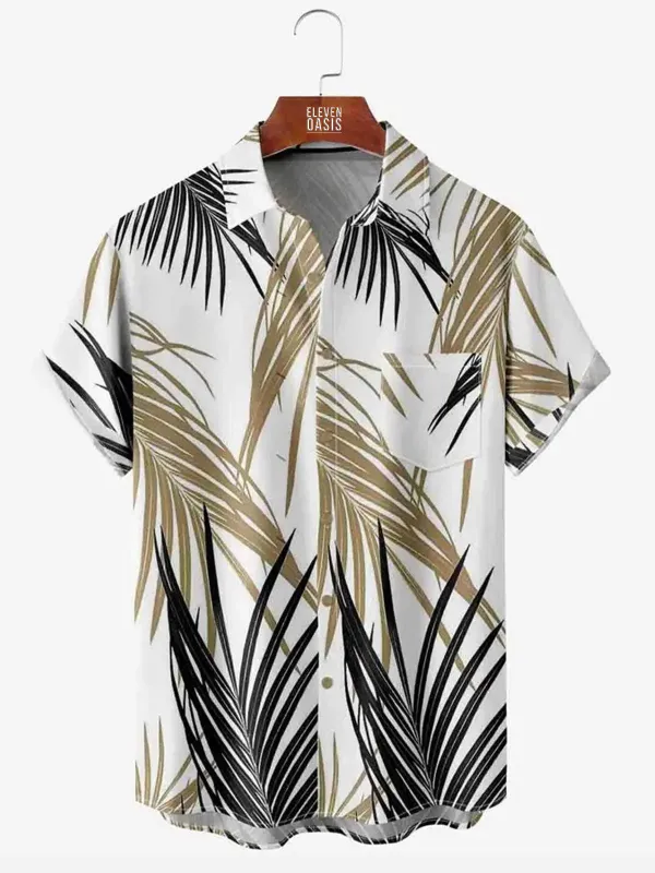 Men's Leaf Print Moisture Wicking Fabric Trendy Lapel Short Sleeve Shirt sold by Eleven Oasis