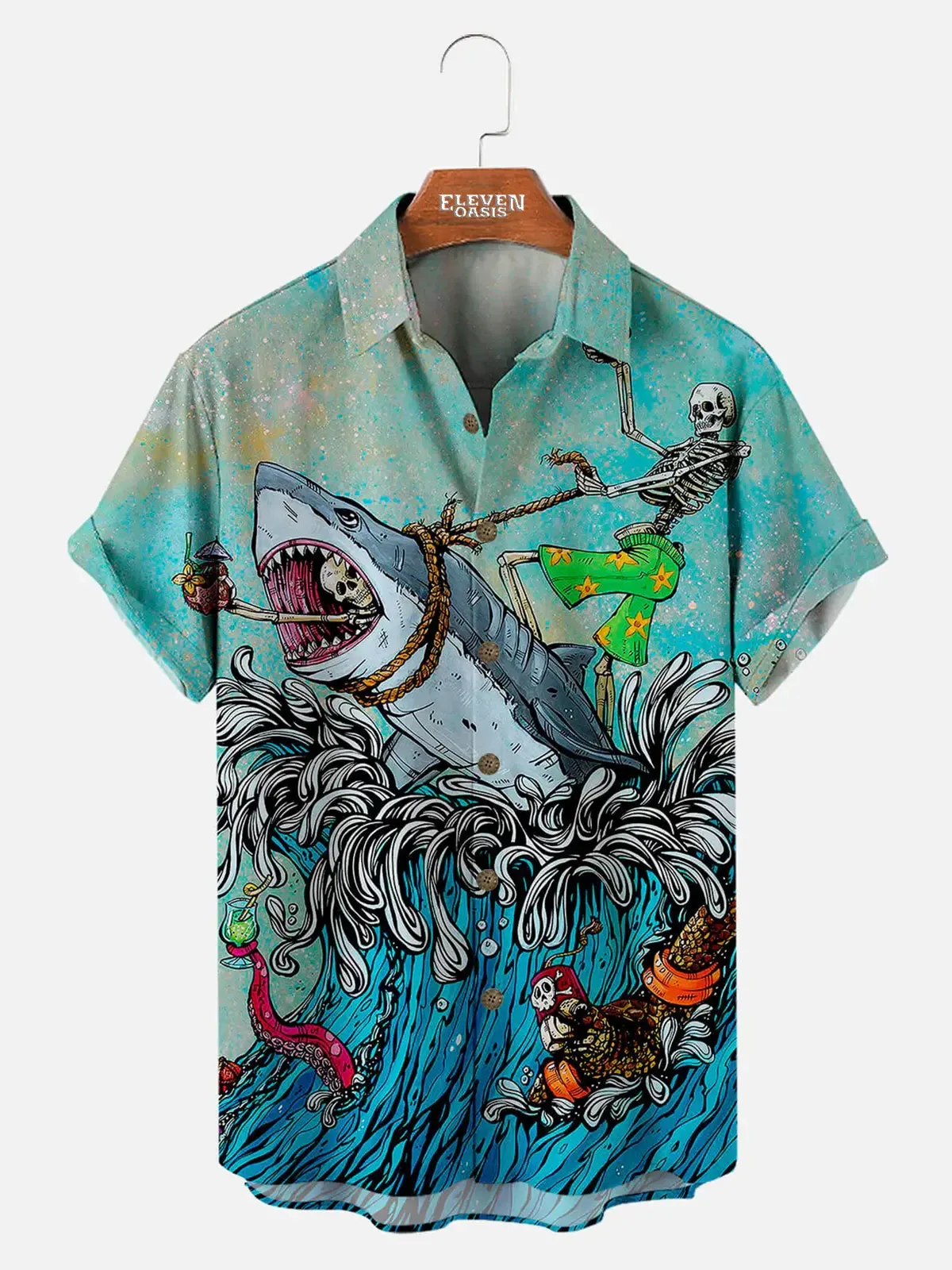 Men's Skeleton Shark Rider Hawaiian Short Sleeve Shirt sold by Eleven Oasis