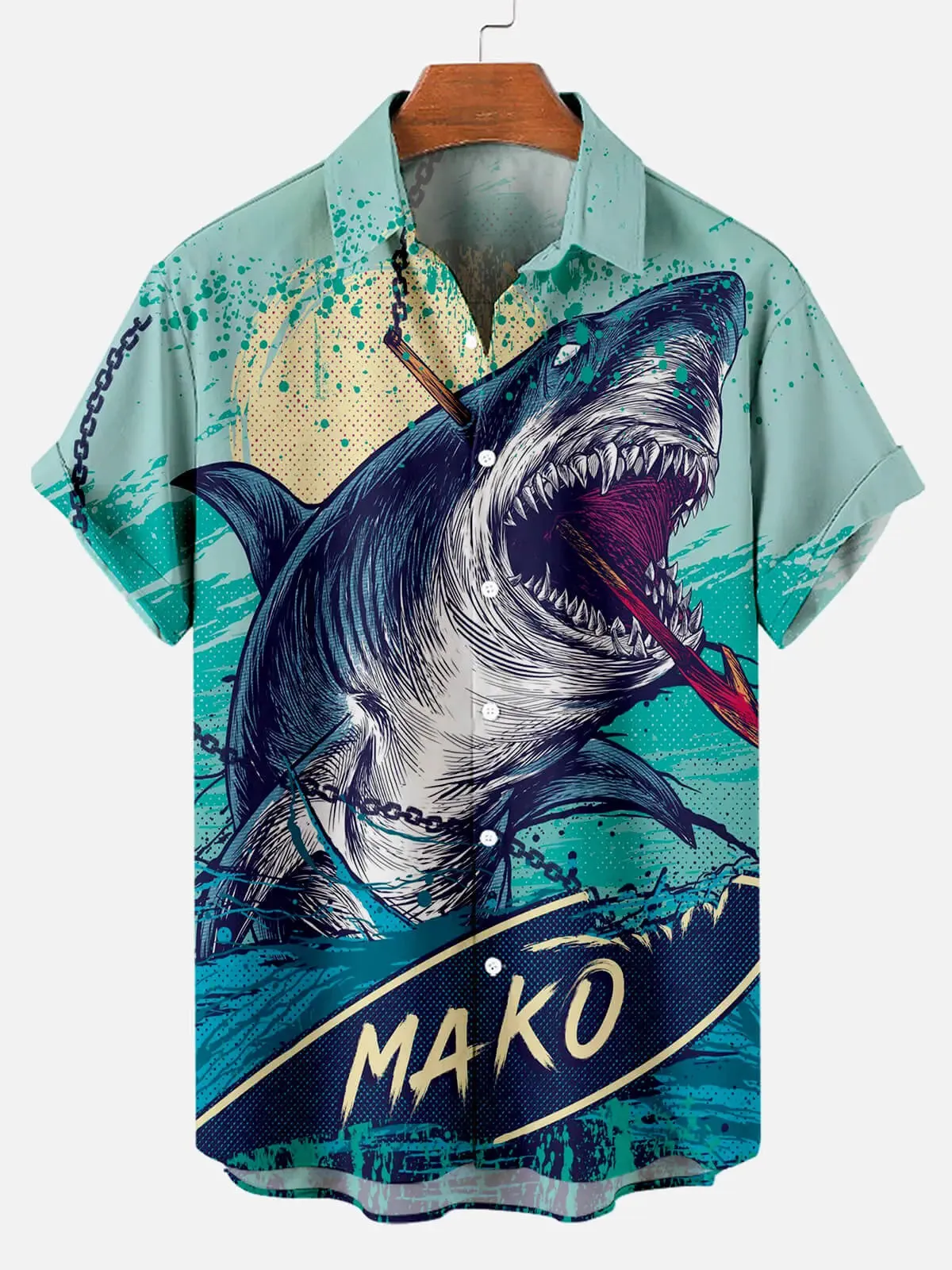 Hawaiian Great White Shark Pattern Men's Short Sleeve Top sold by Eleven Oasis