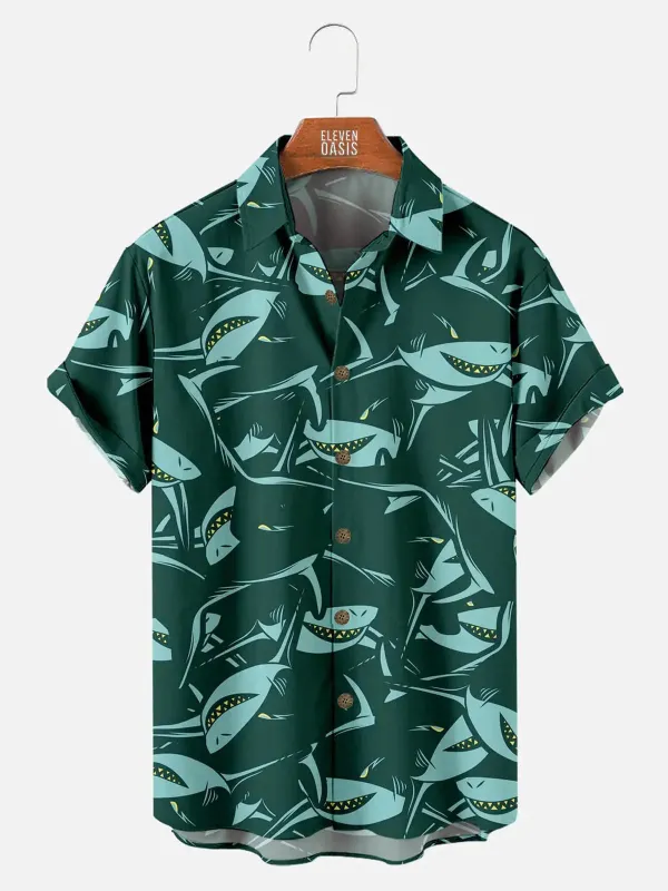Men's Shark Silhouette Ocean Short Sleeve Shirt sold by Eleven Oasis