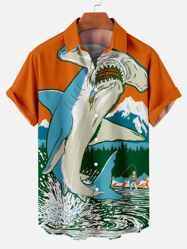 Hawaiian Deep Sea Shark Pattern Men's Short Sleeve Top sold by Eleven Oasis