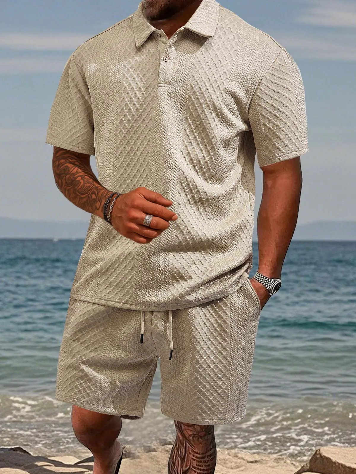 Men's Textured Jacquard Polo Short Set sold by Eleven Oasis
