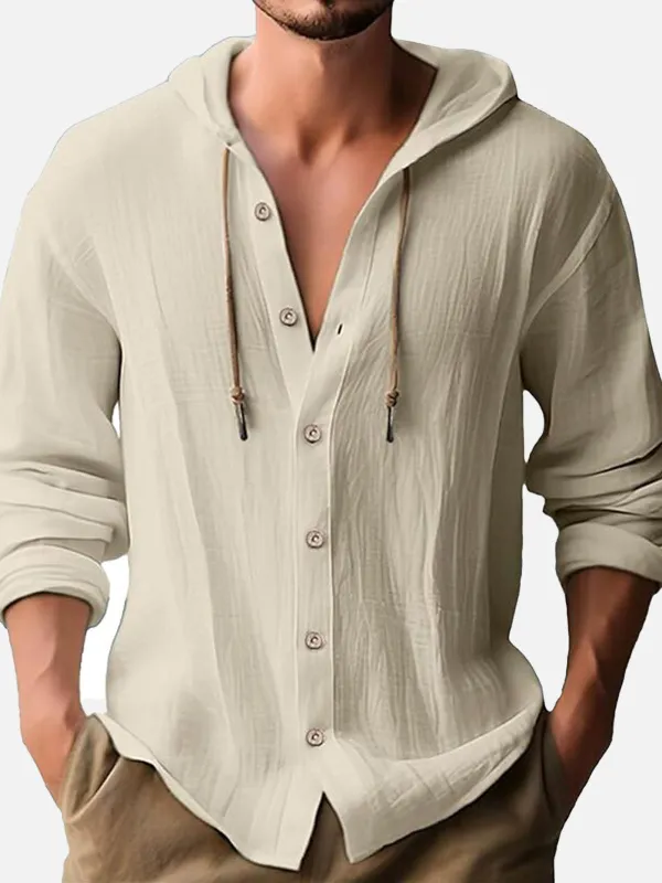 Men's Linen Blend Hooded Long Sleeve Shirt sold by Eleven Oasis