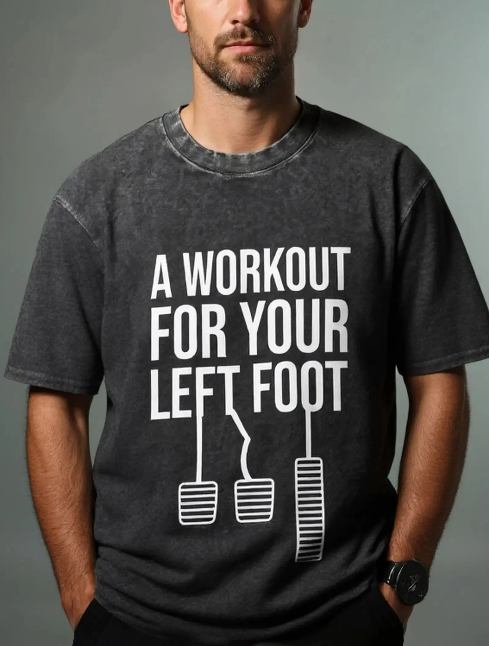 A Workout for Your Left Foot Manual Transmission Acid Wash Cotton T-Shirt sold by Eleven Oasis product image thumbnail 2