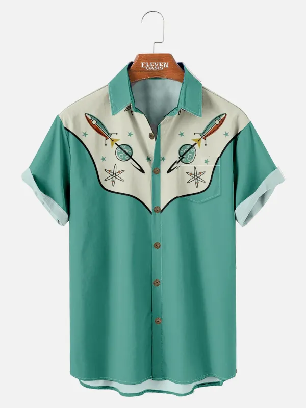 Tall Men's Cowboy Western Spaceship Short Sleeve Shirt sold by Eleven Oasis
