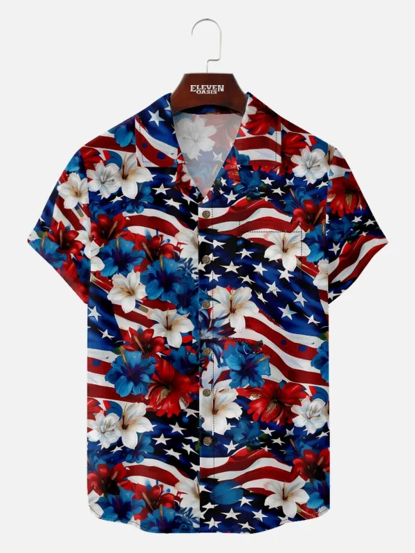 Men's Patriotic Hibiscus Flag Hawaiian Short Sleeve Shirt sold by Eleven Oasis