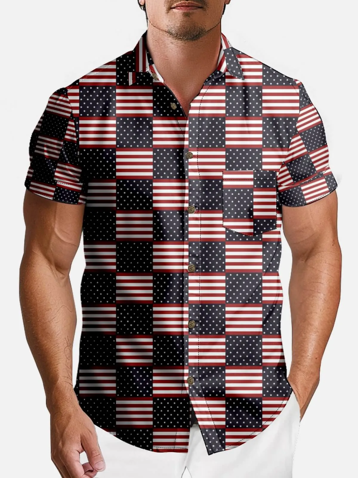 Men's Patriotic Patchwork Americana Short Sleeve Shirt sold by Eleven Oasis product image thumbnail 2