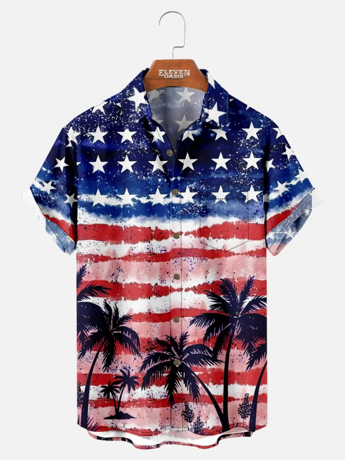 Men's Stars and Stripes Tropical Paradise Hawaiian Short Sleeve Shirt sold by Eleven Oasis
