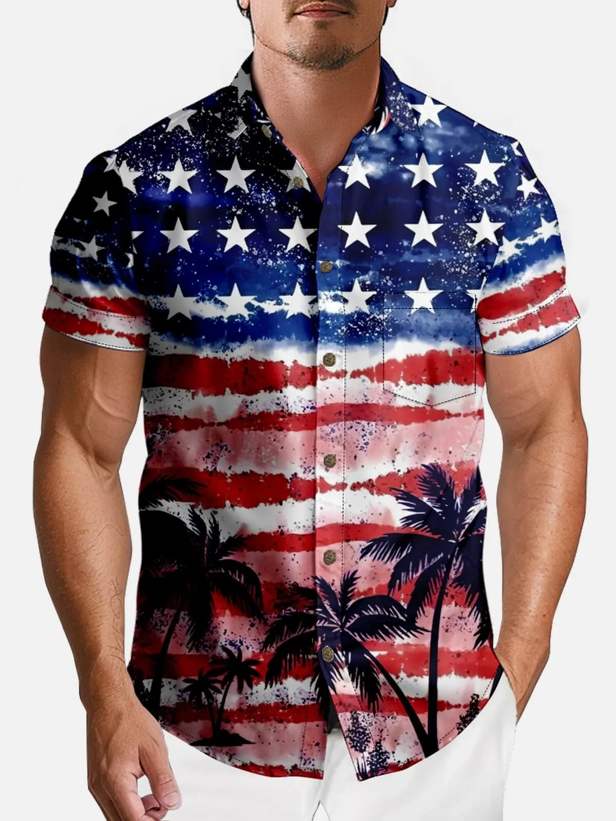 Men's Stars and Stripes Tropical Paradise Hawaiian Short Sleeve Shirt sold by Eleven Oasis product image thumbnail 2