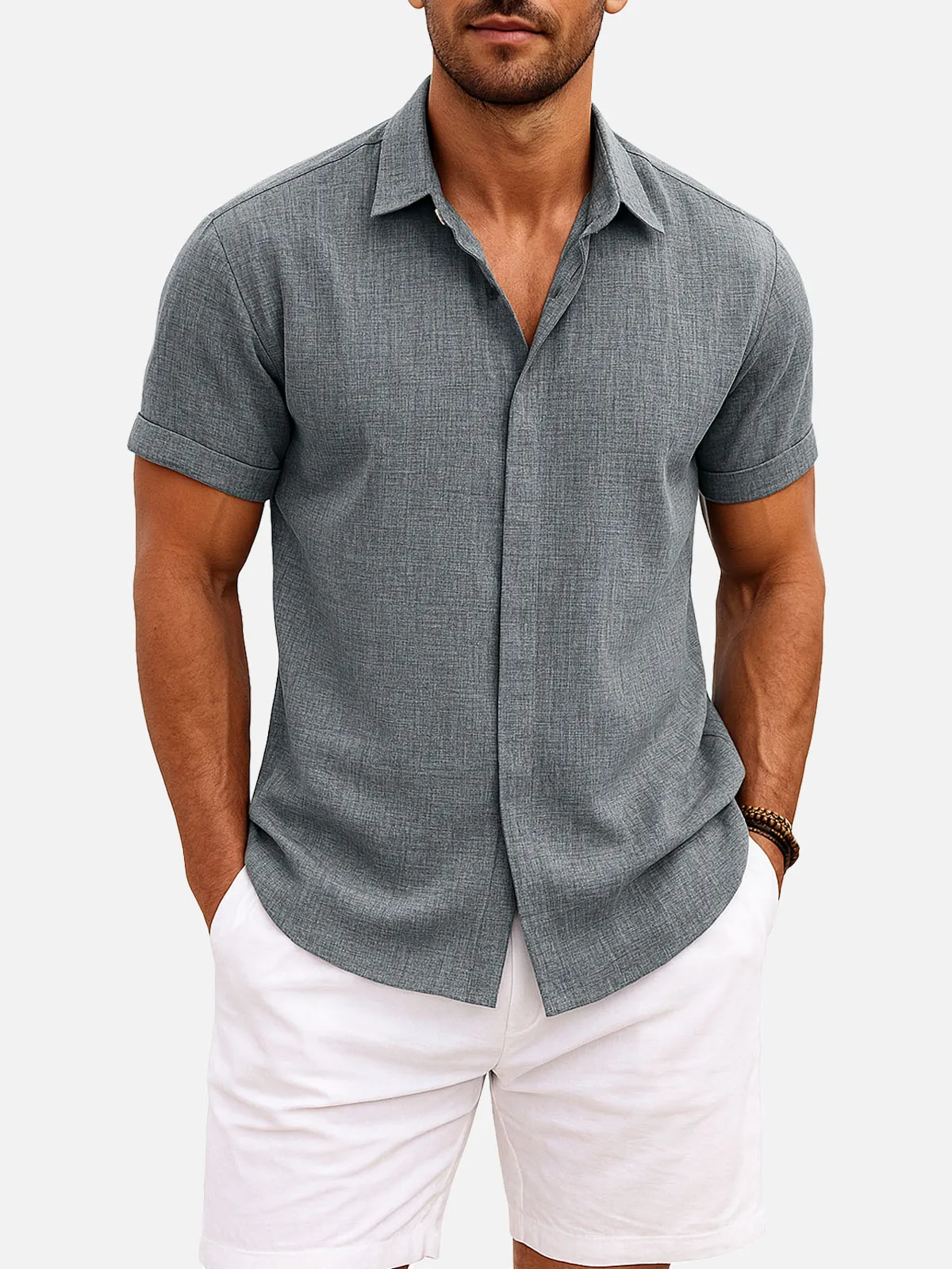 Men's Linen Cotton Blend Short Sleeve Shirt sold by Eleven Oasis