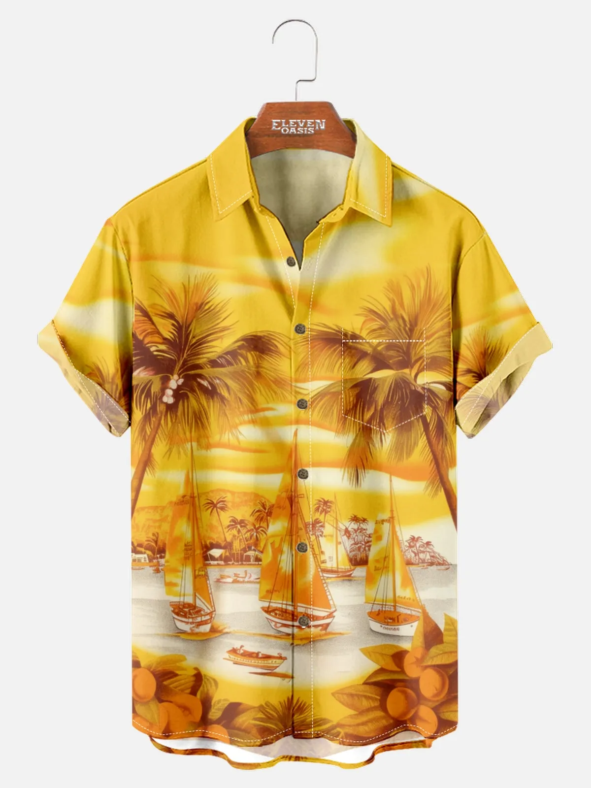 Tall Men's Golden Sunset Paradise Hawaiian Spread Collar Short Sleeve Shirt - Magnum, P.I. Wardrobe sold by Eleven Oasis
