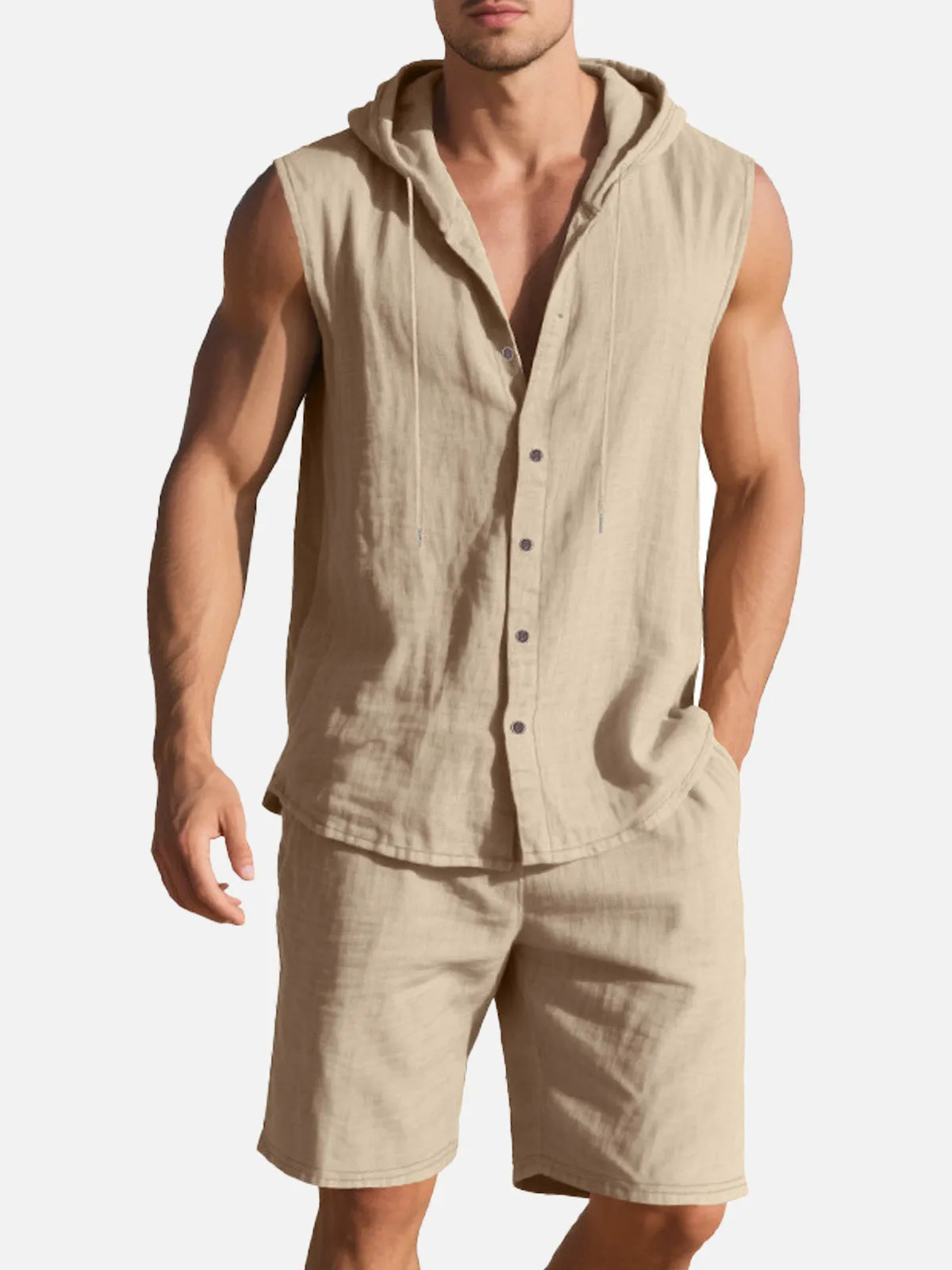 Men's Linen Hooded Sleeveless Matching Set sold by Eleven Oasis
