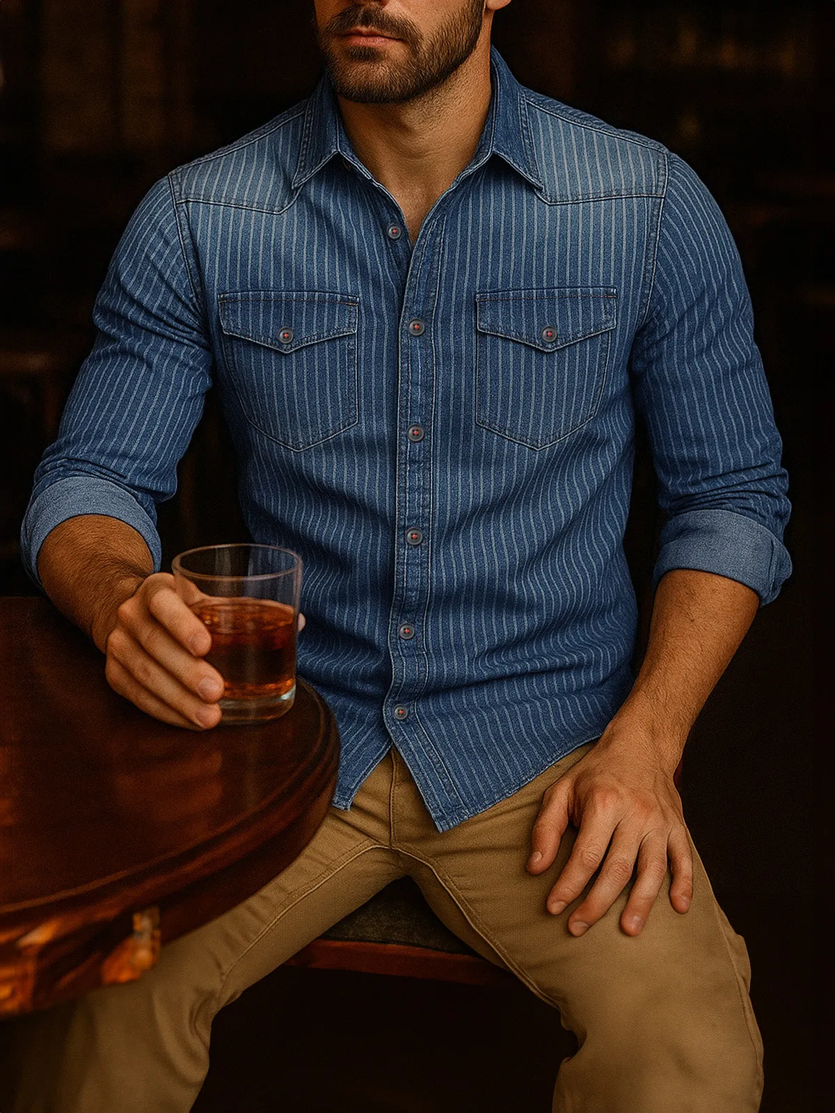 Men's Pinstripe Denim Western Long Sleeve Shirt sold by Eleven Oasis product image thumbnail 2