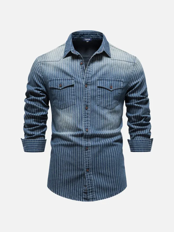 Men's Pinstripe Denim Western Long Sleeve Shirt sold by Eleven Oasis