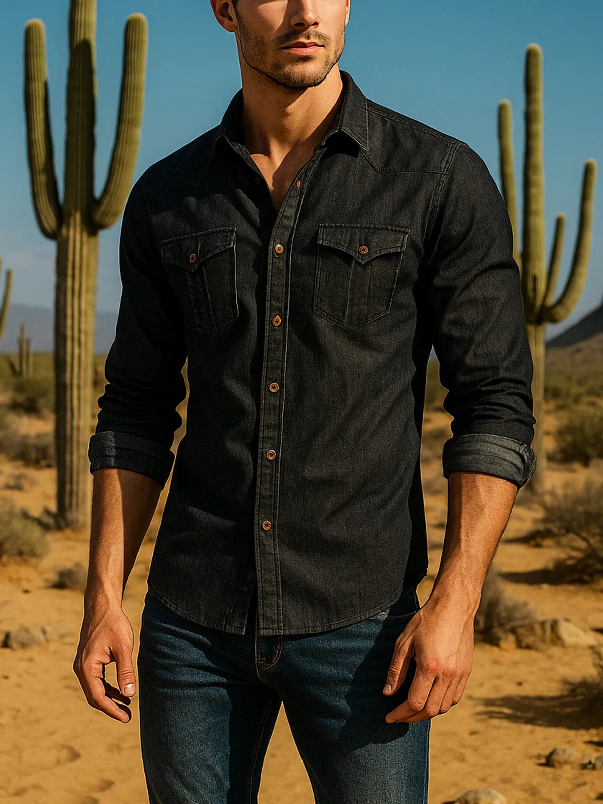 Men's Classic Denim Western Long Sleeve Shirt sold by Eleven Oasis product image thumbnail 2