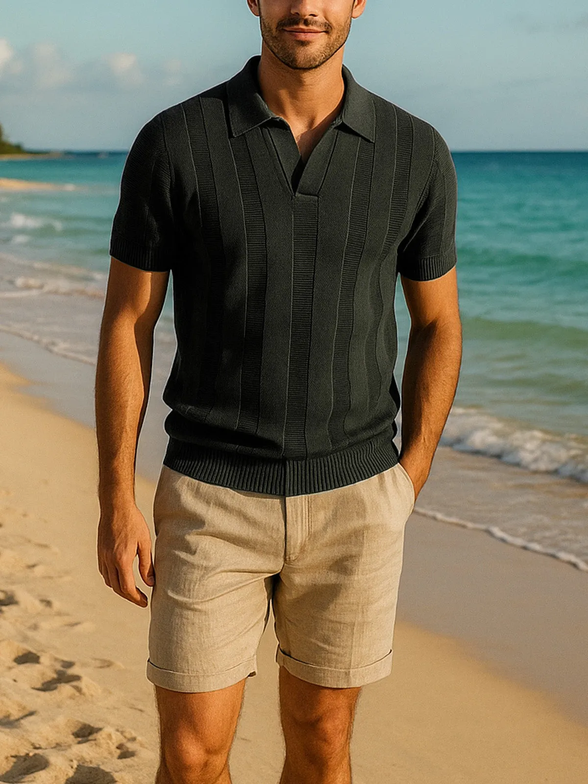 Men's Textured Stripe Knit Polo Shirt sold by Eleven Oasis product image thumbnail 2