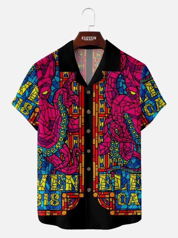 Men's Stained Glass Mosaic Kraken Hawaiian Short Sleeve Shirt sold by Eleven Oasis