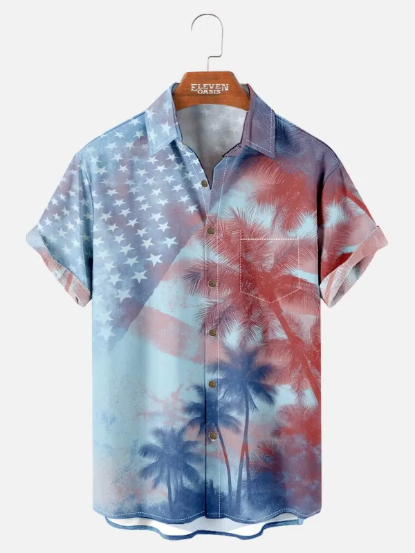 Men's Patriotic Palm Tree Hawaiian Short Sleeve Shirt sold by Eleven Oasis