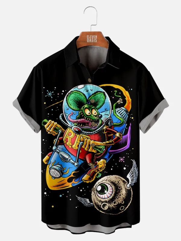 Tall Men's Rat Fink Hot Rod In Space Short Sleeve Shirt sold by Eleven Oasis