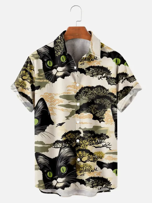 Men's Cats Peering Through Japanese Pine Trees Short Sleeve Shirt sold by Eleven Oasis