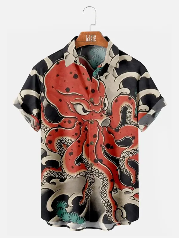 Men's Octopus Japanese-Style Wave Short Sleeve Shirt sold by Eleven Oasis