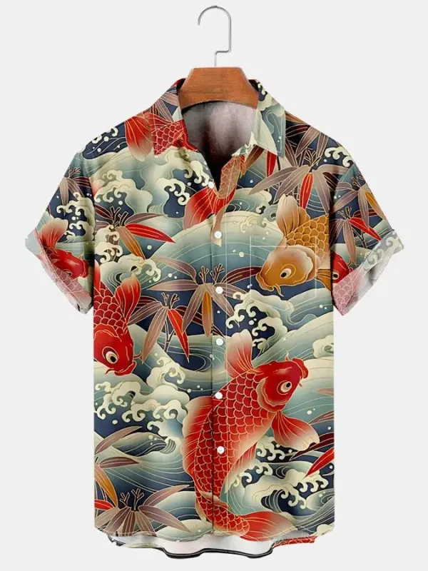 Men's Vintage Koi Fish Print Short Sleeve Shirt sold by Eleven Oasis