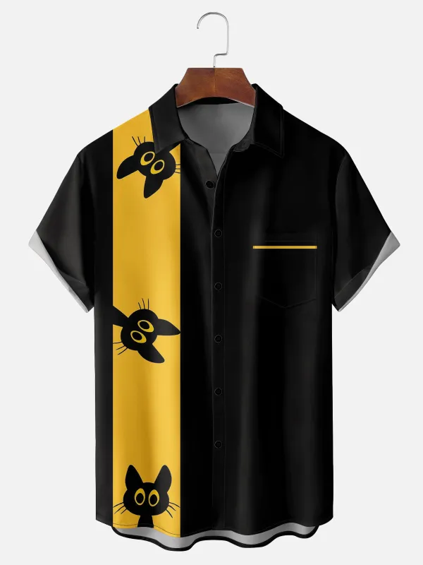 Tall Men's Curious Cat Stripe Short Sleeve Shirt sold by Eleven Oasis