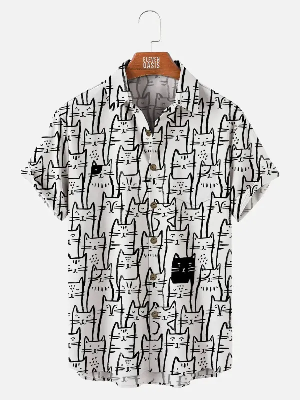 Men's Cat Sketch Pattern Short Sleeve Shirt sold by Eleven Oasis