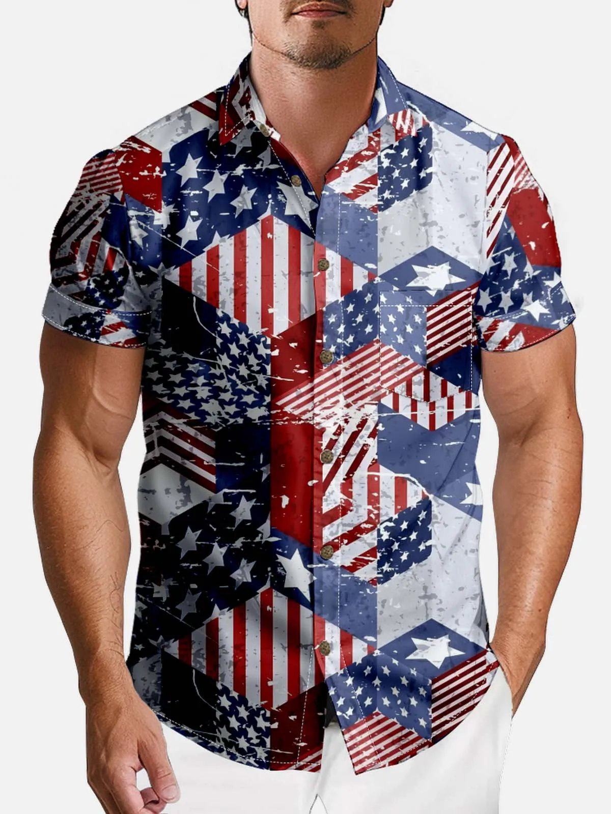 Men's American Pride Spread Collar Short Sleeve Shirt Patchwork American Flag sold by Eleven Oasis product image thumbnail 3