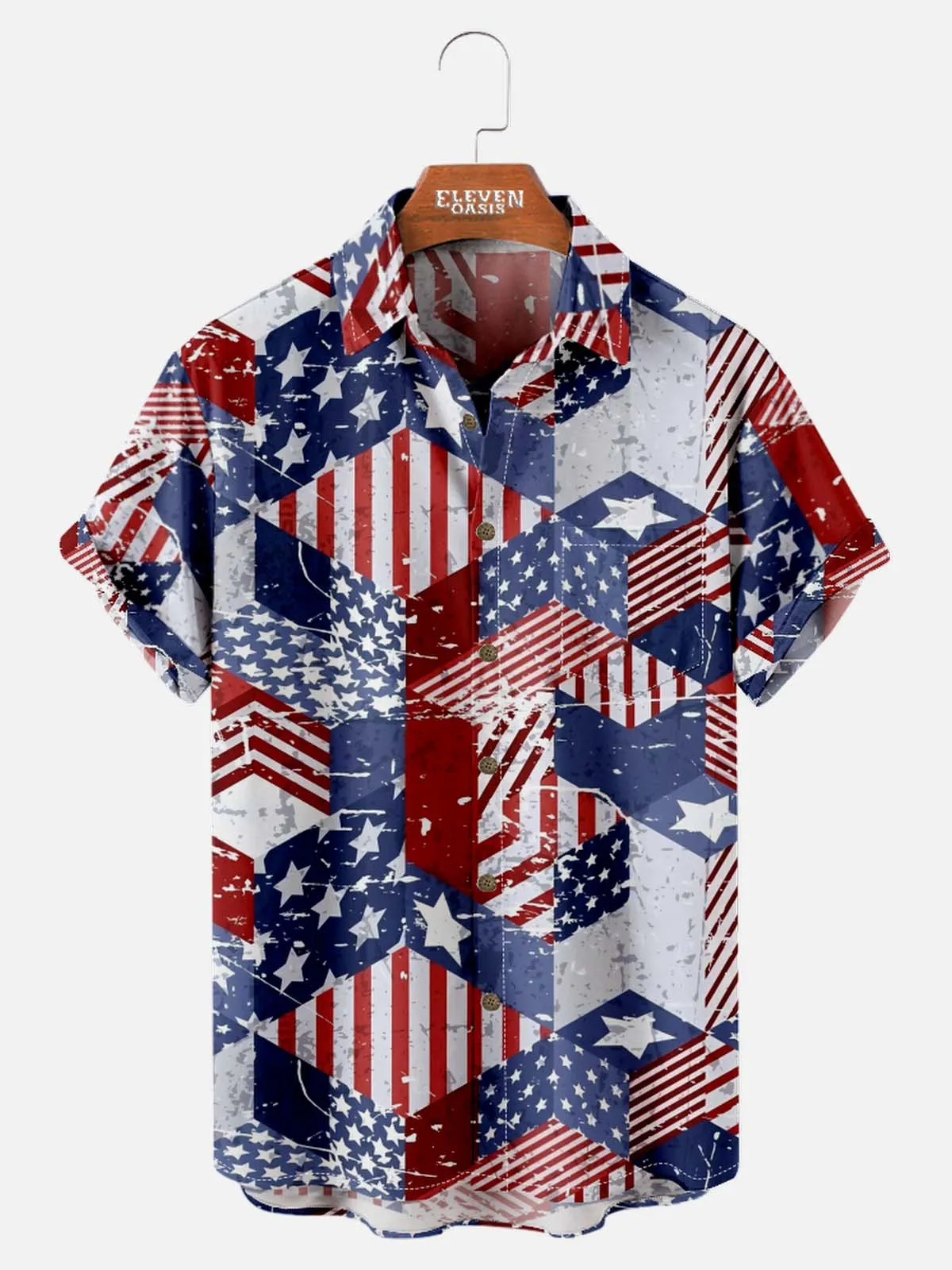 Men's American Pride Spread Collar Short Sleeve Shirt Patchwork American Flag sold by Eleven Oasis