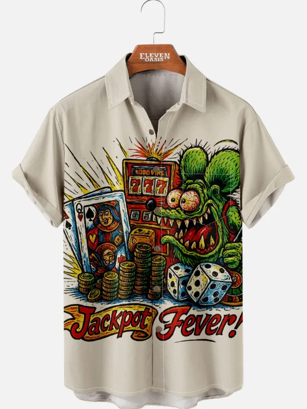 Men's Playing Cards Spread Collar Short Sleeve Shirt Poker Rat Jackpot Fever sold by Eleven Oasis