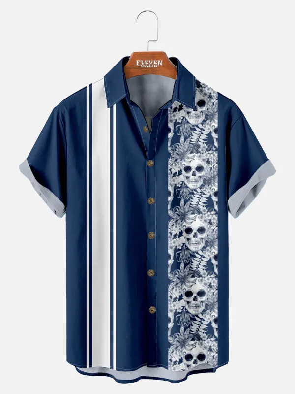 Men's Striped with Floral Skulls Casual Short Sleeve Shirt sold by Eleven Oasis