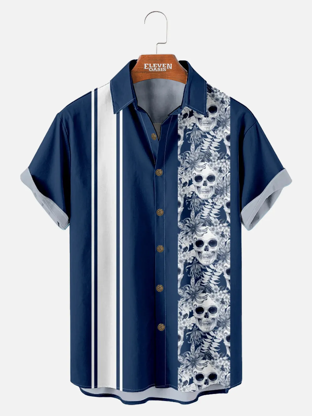 Men's Striped with Floral Skulls Casual Short Sleeve Shirt sold by Eleven Oasis