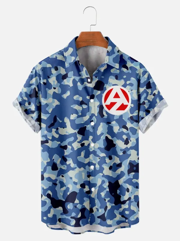 Men's Blue Camo G.I. Joe Emblem Short Sleeve Shirt sold by Eleven Oasis