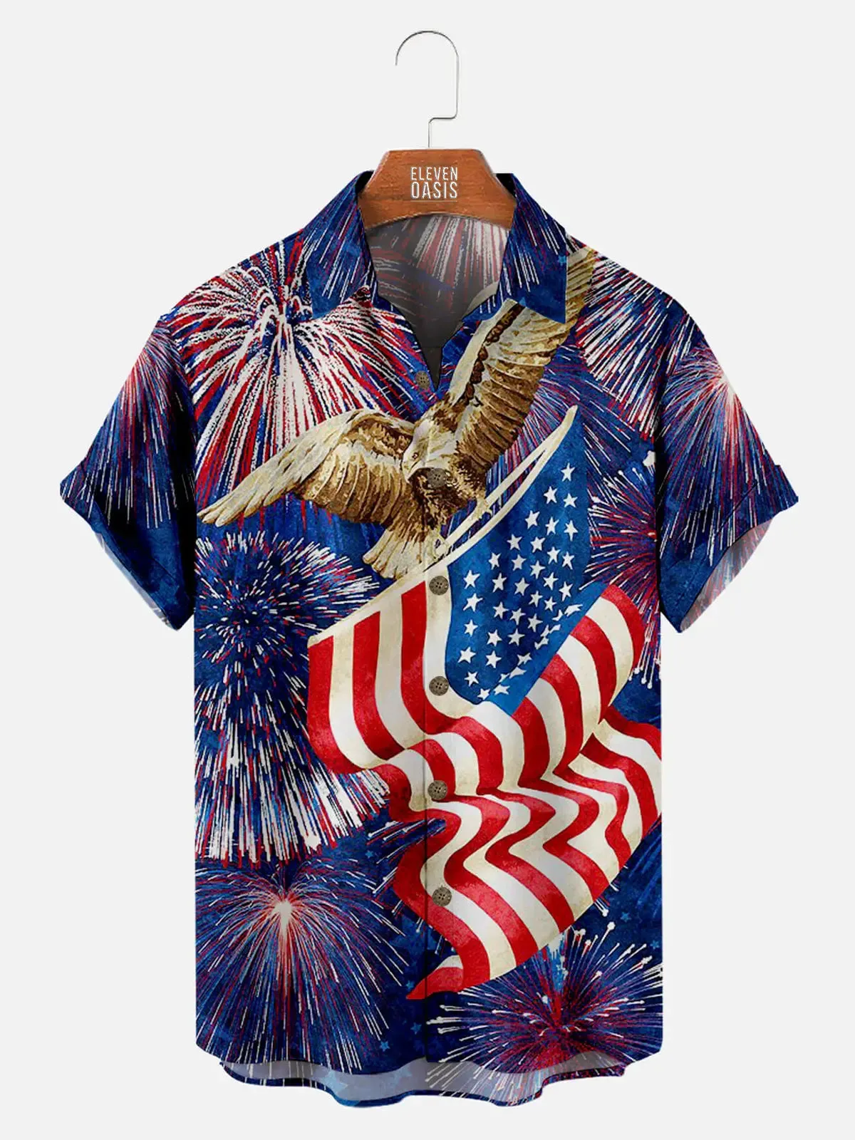 Men's Fireworks Eagle and Flag Short Sleeve Shirt sold by Eleven Oasis