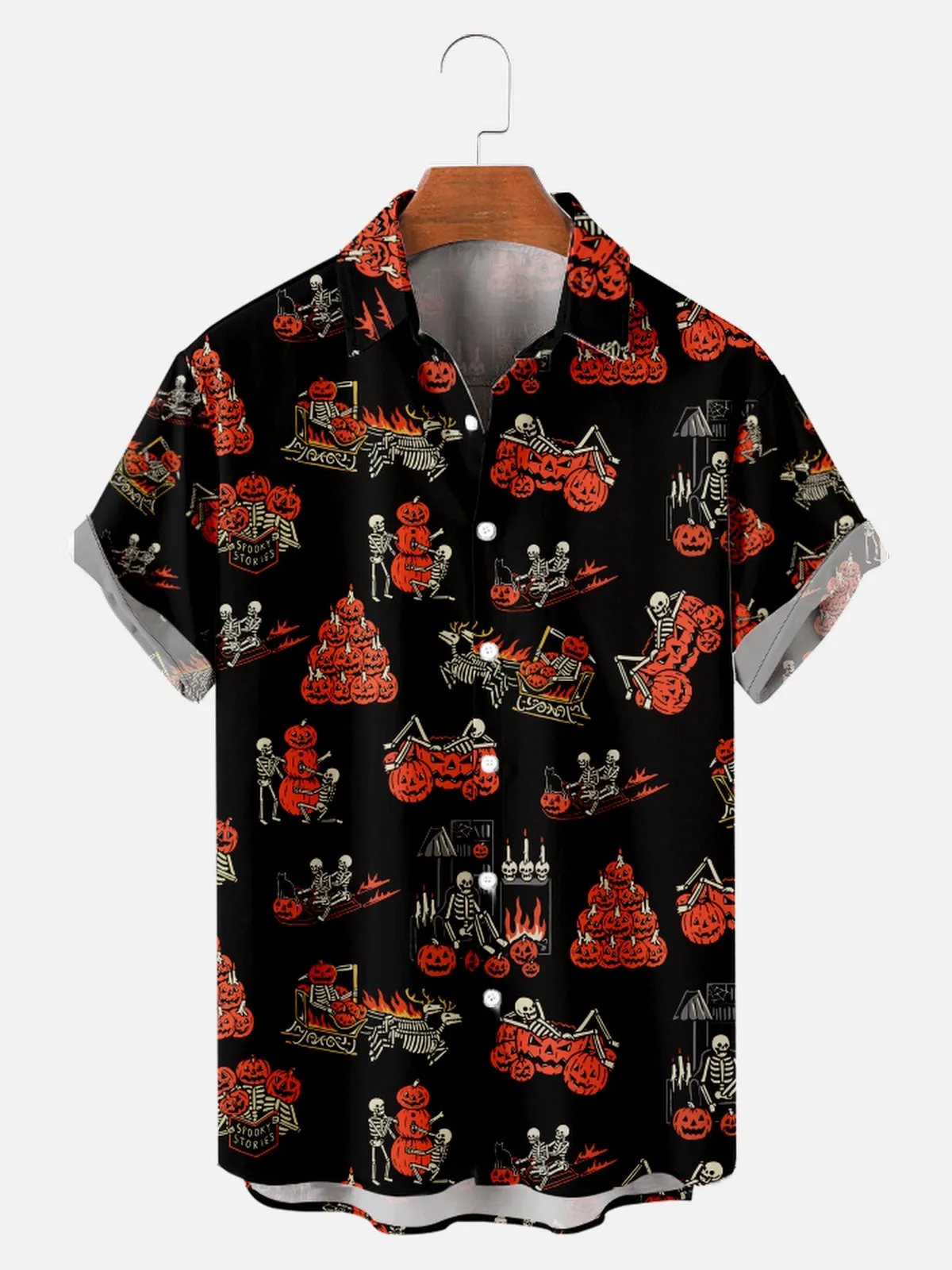 Tall Men's Halloween Skeleton and Pumpkin Short Sleeve Shirt sold by Eleven Oasis product image thumbnail 4
