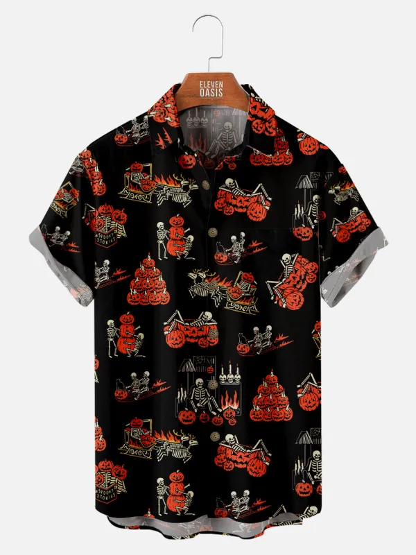 Tall Men's Halloween Skeleton and Pumpkin Short Sleeve Shirt sold by Eleven Oasis