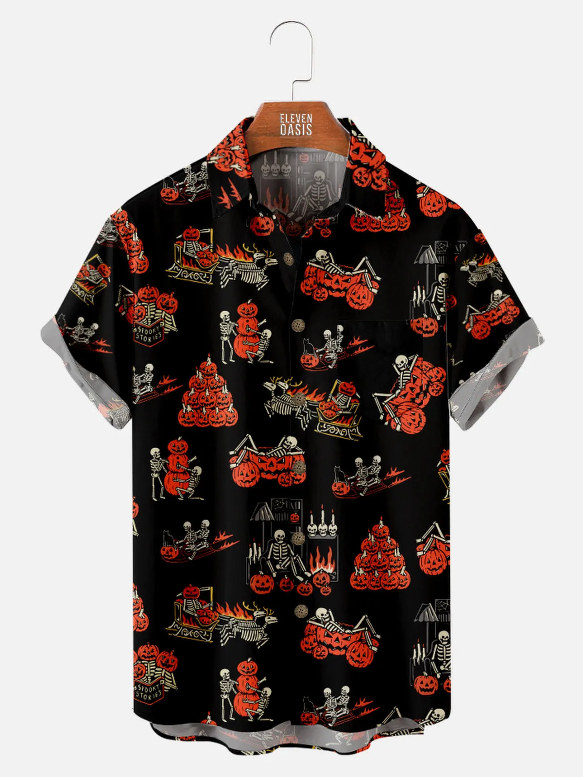 Tall Men's Halloween Skeleton and Pumpkin Short Sleeve Shirt sold by Eleven Oasis