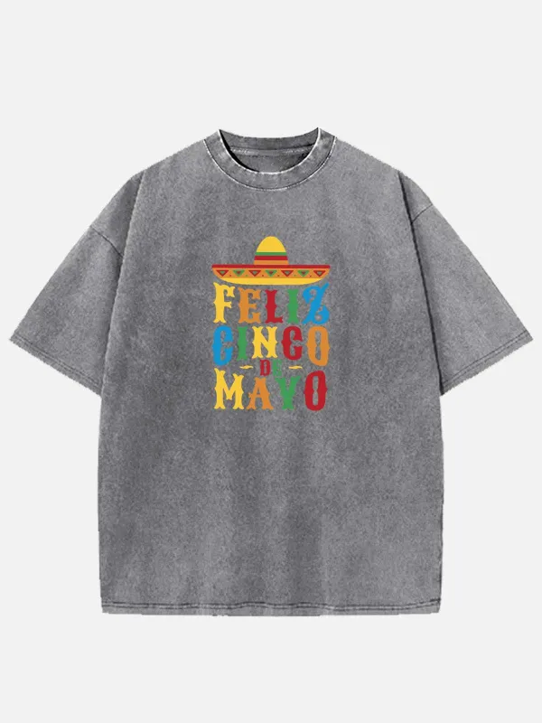Feliz Cinco de Mayo Colorful Sombrero Acid Wash Cotton T-Shirt sold by Eleven Oasis