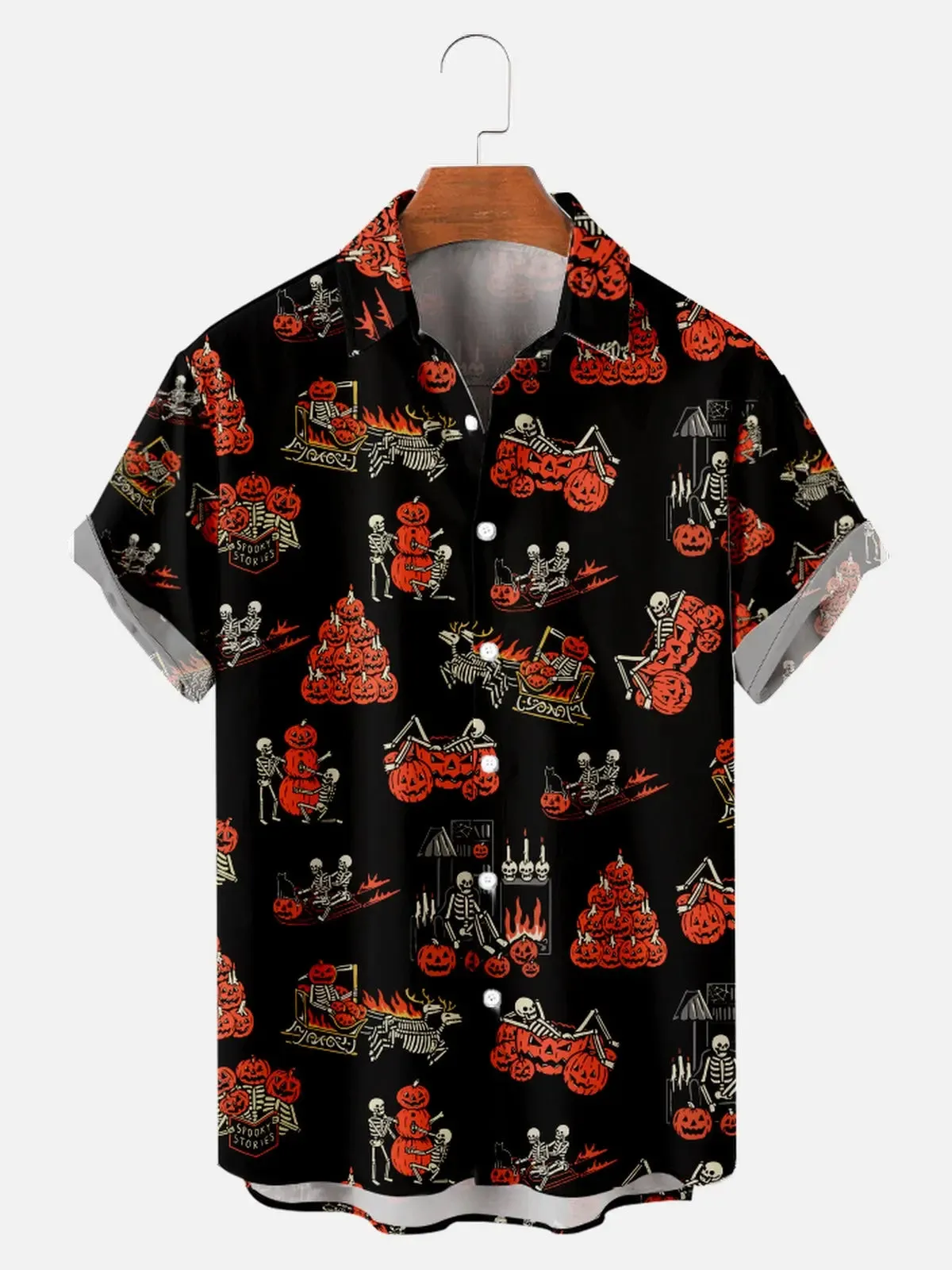 Men's Halloween Skeleton and Pumpkin Short Sleeve Shirt sold by Eleven Oasis product image thumbnail 4
