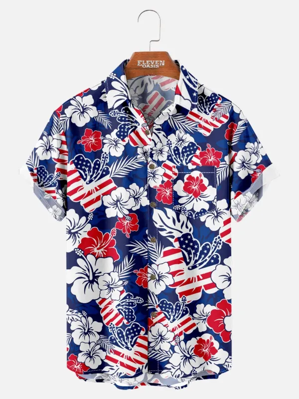 Men's Patriotic Hawaiian Floral Short Sleeve Shirt sold by Eleven Oasis