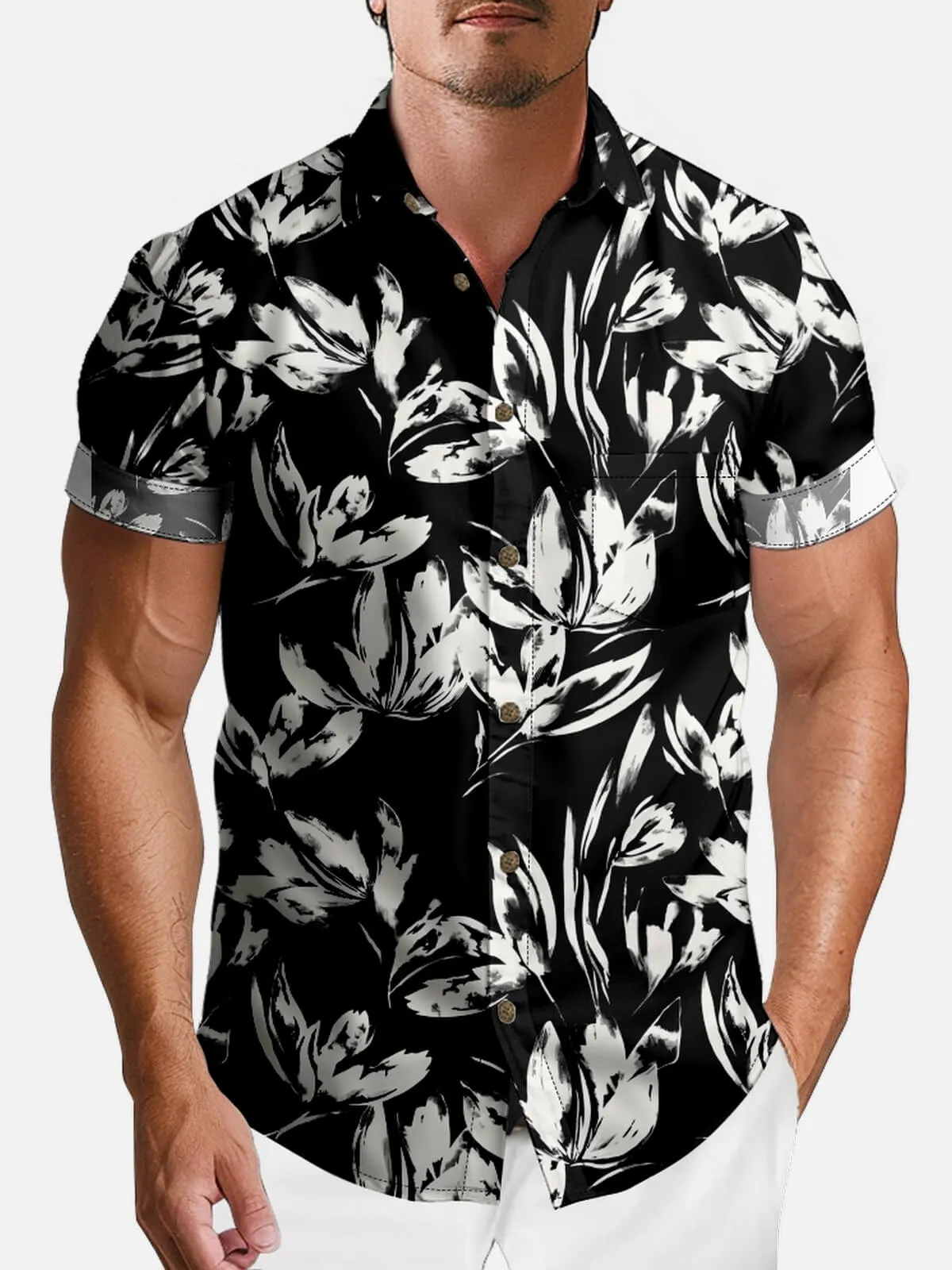 Men's Monochrome Floral Pattern Short Sleeve Shirt sold by Eleven Oasis product image thumbnail 2