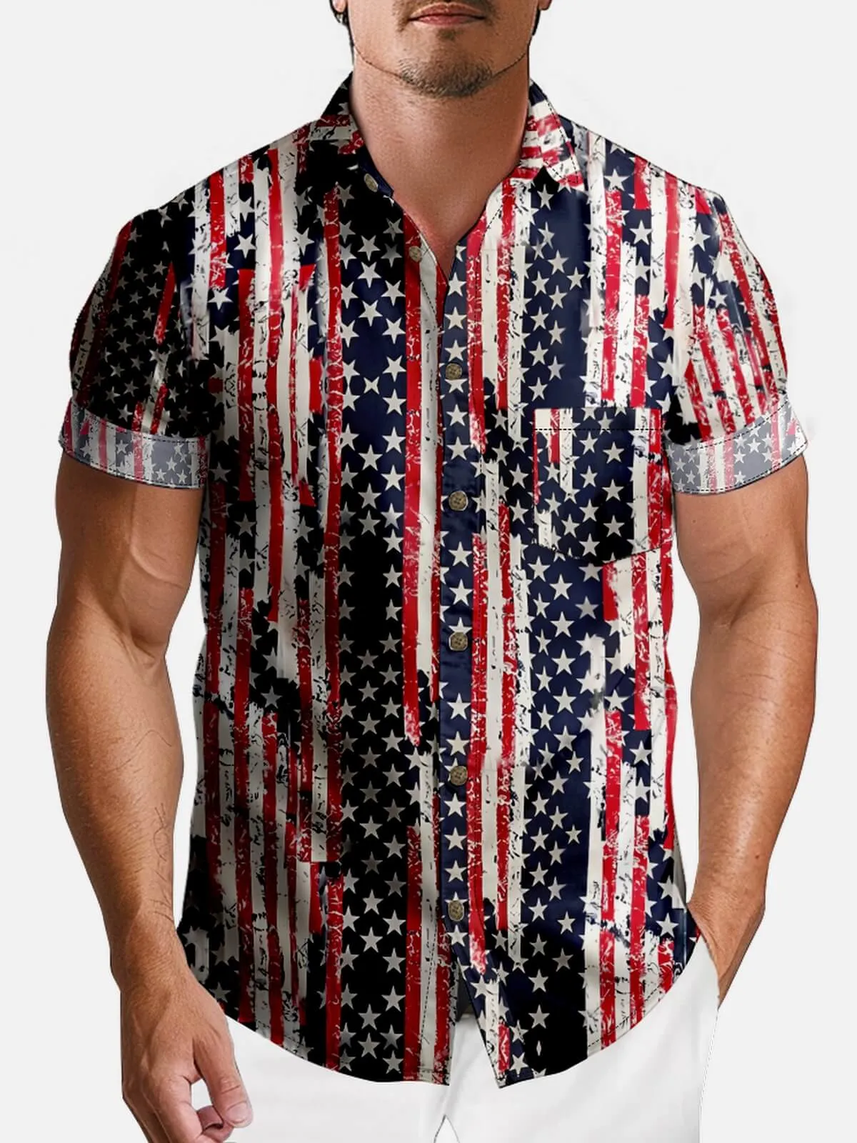 Tall Men's Distressed Stars & Stripes Hawaiian Short Sleeve Shirt sold by Eleven Oasis product image thumbnail 4