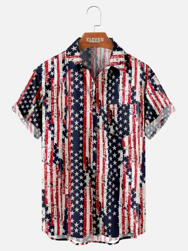 Men's Distressed Stars & Stripes Hawaiian Short Sleeve Shirt sold by Eleven Oasis