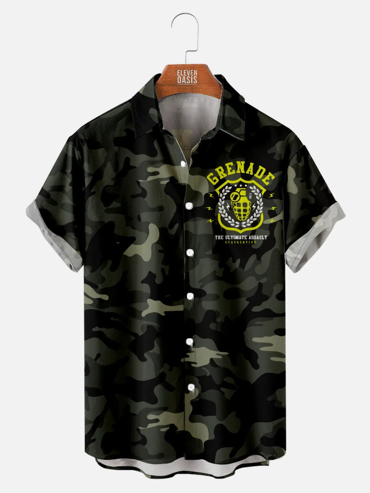 Tall Men's Camo Print Grenade Short Sleeve Shirt sold by Eleven Oasis